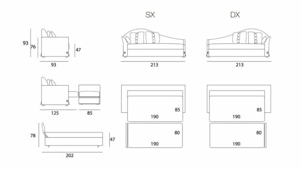 scheda-tecnica-con le misure del divano-aperto-doppio-letto-rete-lampolet-automatica-dormeuse-modello-varedo