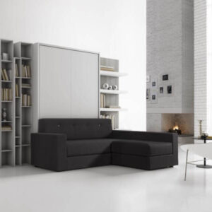 Letto a parete con divano e librerie modello biancospino personalizzabile foto con mobile a ribalta chiuso versione living