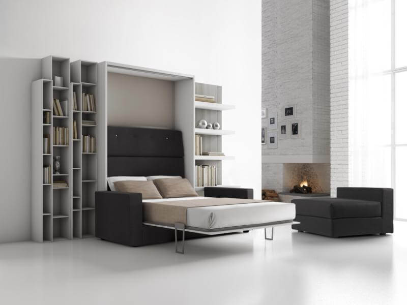 Letto a parete con divano e librerie modello biancospino personalizzabile foto con mobile trasformabile aperto night