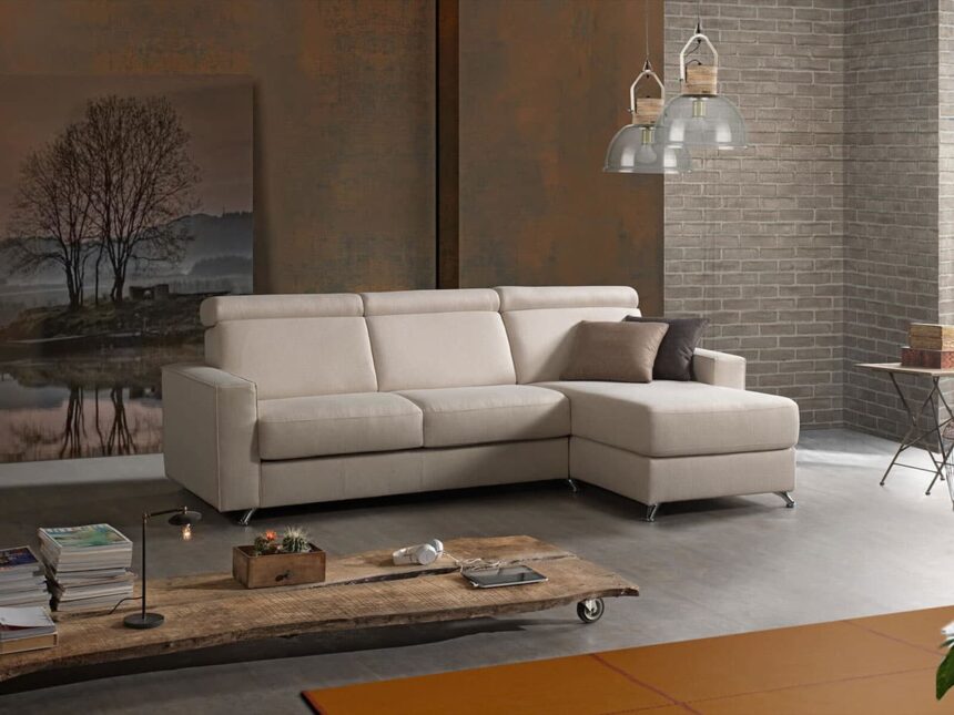 divano sofa fisso o letto modello coco con penisola contenitore bracciolo large personalizzabile su misura
