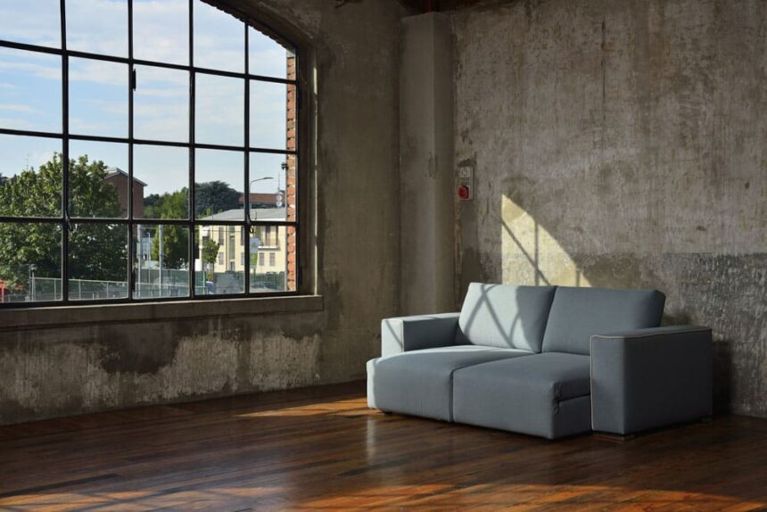 salotto trasformabile sofa scorrevole e letto a due sedute in tessuto grigio blu immagine con entrambi sedili avanti - modello cesano boscone