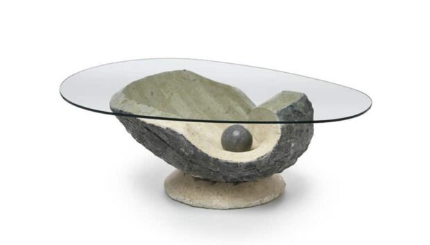 Tavolino da salotto Perla base in pietra e top in vetro trasparente