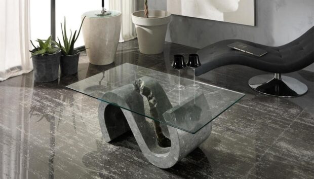 Tavolino da salotto in pietra grigia con top in vetro trasparente Flexi