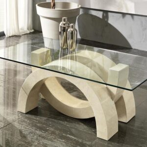 Tavolino in pietra da salotto Olimpiadi Mini white agata con top in vetro trasparente