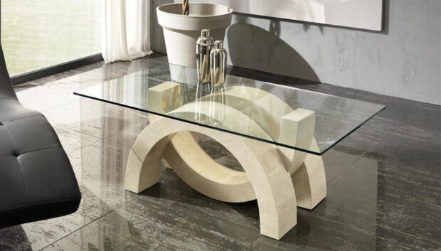 Tavolino in pietra da salotto Olimpiadi Mini white agata con top in vetro trasparente