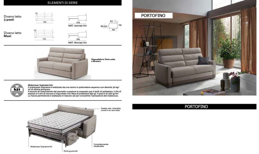 portofino divano trasformabile letto con materasso per uso quotidiano su misura