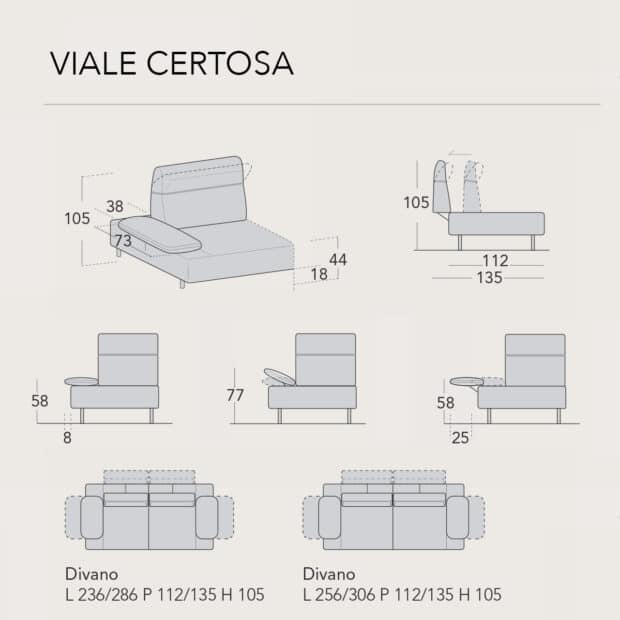 Sofa modulare componibile Viale Certosa con schienali retraibili scheda tecnica1
