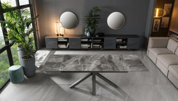 Tavolo da cucina allungabile Marco top in ceramica effetto marmo grigio