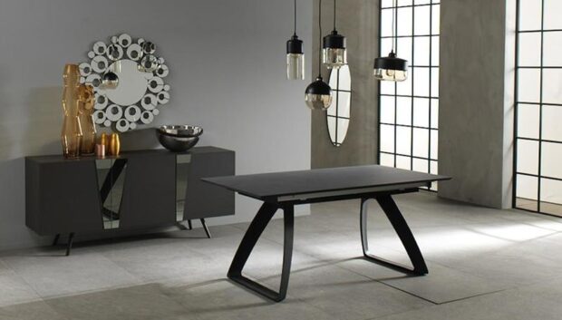 Tavolo moderno allungabile Barretta con top grigio scuro e gambe in metallo nere