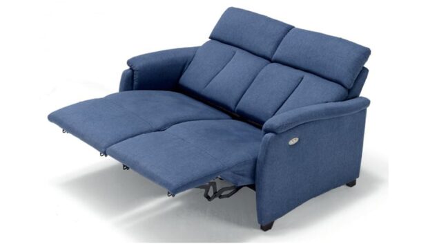 Divano relax stretto Europeo in tessuto blu due posti con 2 sedute relax elettriche