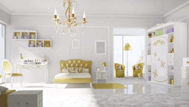 camerette classiche romantiche collezione princess letto finitura oro glitter particolare stanza da letto con poltroncine ambientata