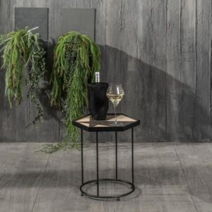 Tavolino salotto moderno Flash in metallo con top in legno e pietra