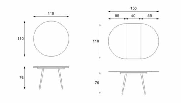 Tavolo legno rotondo Moose disegno tecnico con misure