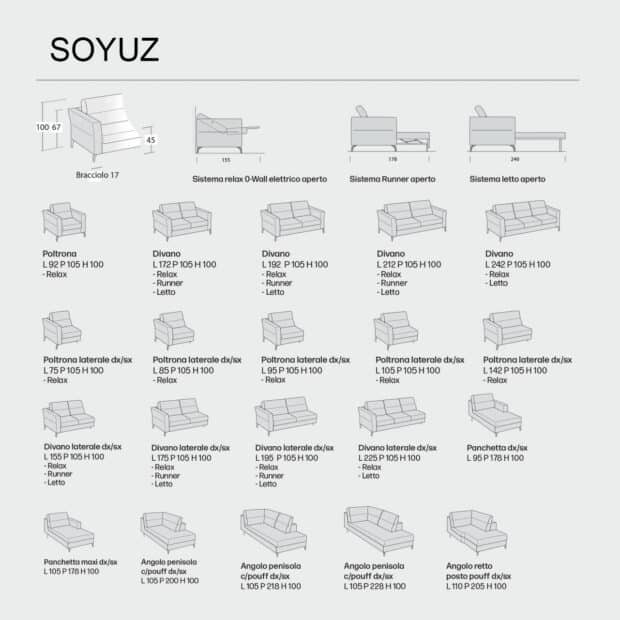 Divano letto con relax componibile Soyuz scheda tecnica