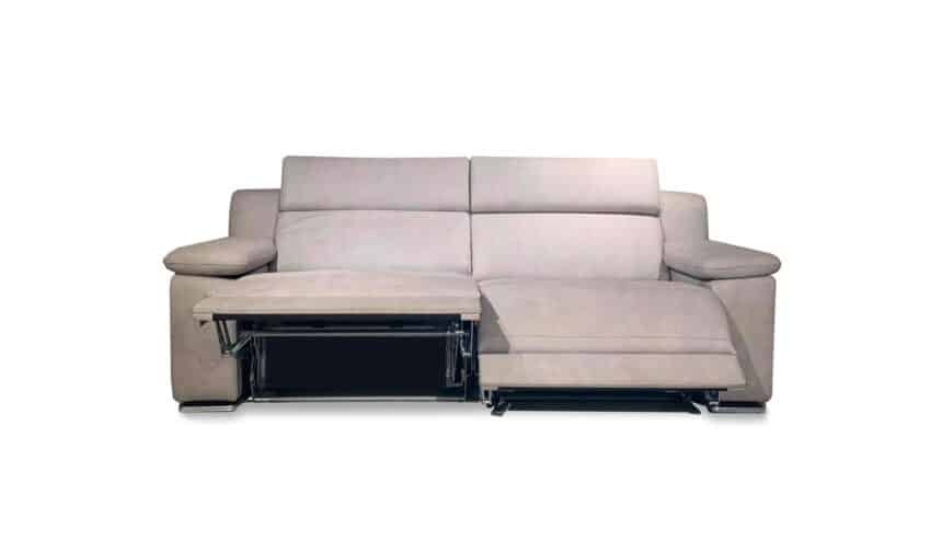 divano doppio relax e doppio letto singolo modello esmerlada in tessuto sfoderabile color grigio meccanismo doppio relax aperto foto divano