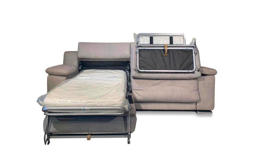 divano doppio relax e doppio letto singolo modello esmerlada in tessuto sfoderabile color grigio meccanismo rete aperto foto divano con guanciali