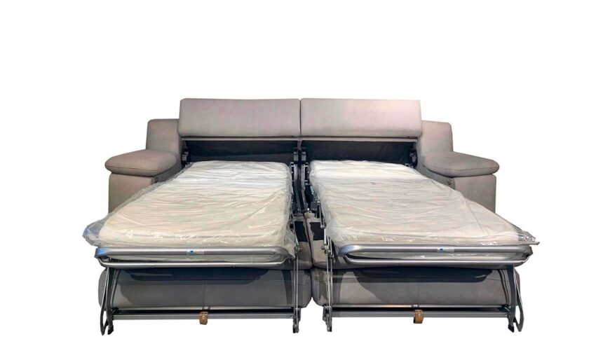 Divano doppio relax e doppio letto singolo modello esmerlada in tessuto sfoderabile color grigio meccanismo rete aperto foto divano con poggiaschiena alti