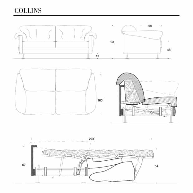 Scheda tecnica divano letto con piede alto Collins