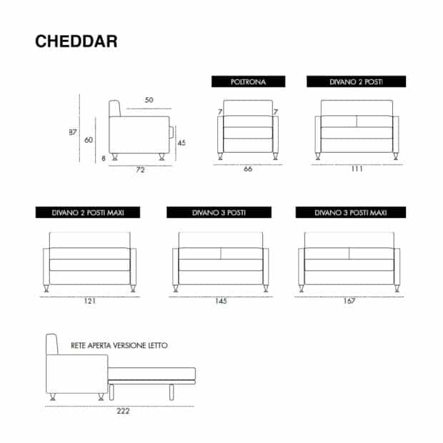 Scheda tecnica divano letto dimensioni ridotte Cheddar