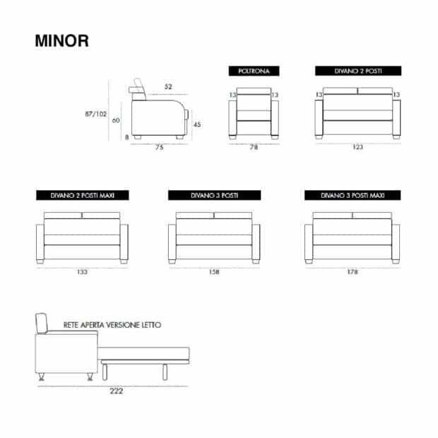 Scheda tecnica Divano letto profondità ridotta con poggiatesta reclinabile Minor