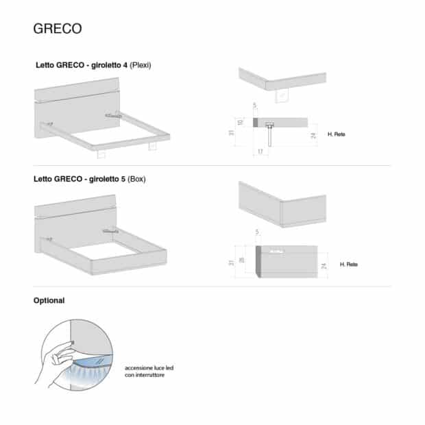 Scheda tecnica letto legno con luce integrata nella testata Greco - Optional