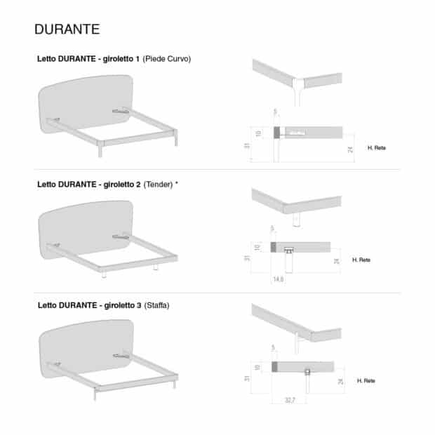 Scheda tecnica letto legno con contenitore o piede alto Durante