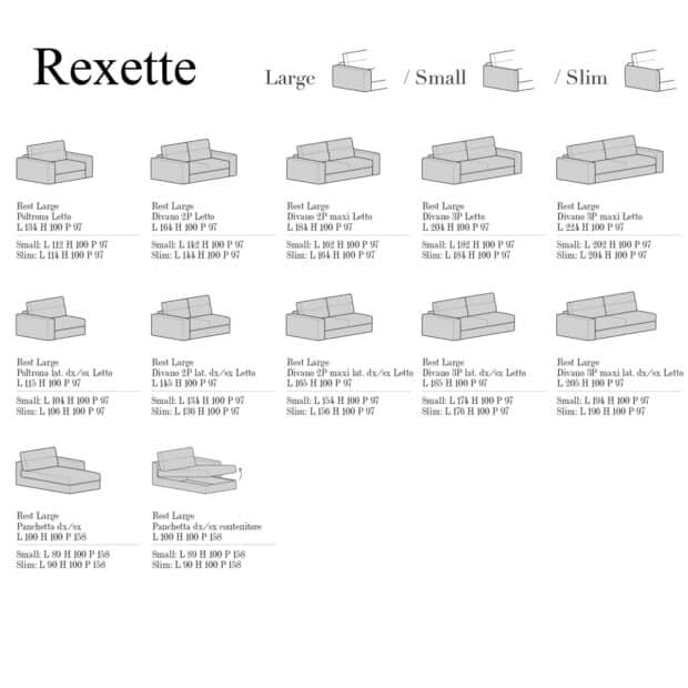 Divano letto componibile con panchetta Rexette scheda tecnica